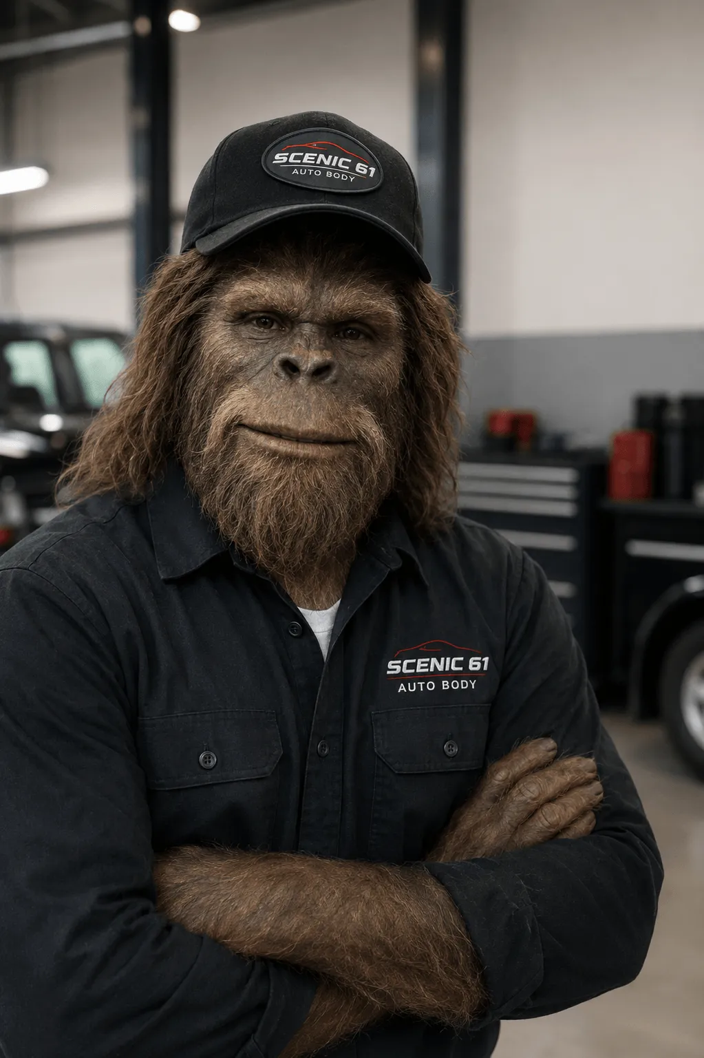 Darin: Bigfoot in a Scenic 61 Auto Body cap and work shirt in the shop