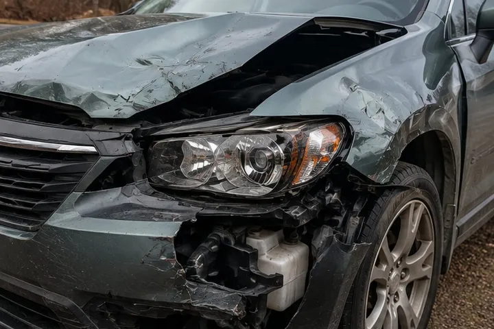 Green SUV with a crumpled hood, fender, and headlight after a front-end collision